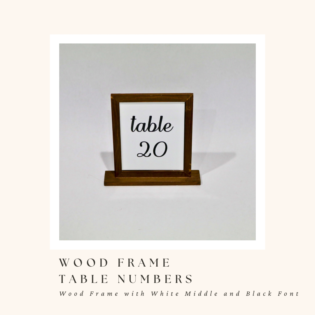 Wood Frame Table Numbers with White Middle and Black Font