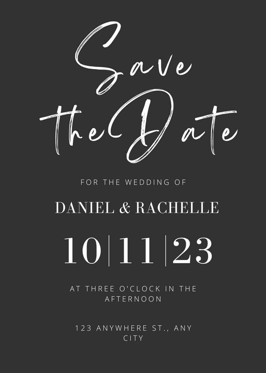 CUSTOM Save the Date Invitations in Classic Black with White Font (Sets of 50)