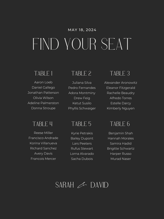 CUSTOM Black Find Your Seat Sign with Bride & Groom's Names and Date