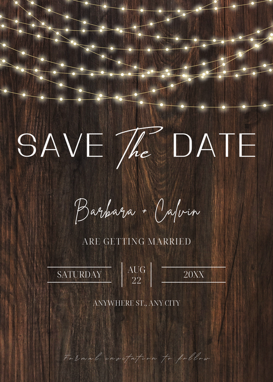 CUSTOM Save the Date Invitations in Rustic with Lights (Sets of 50)