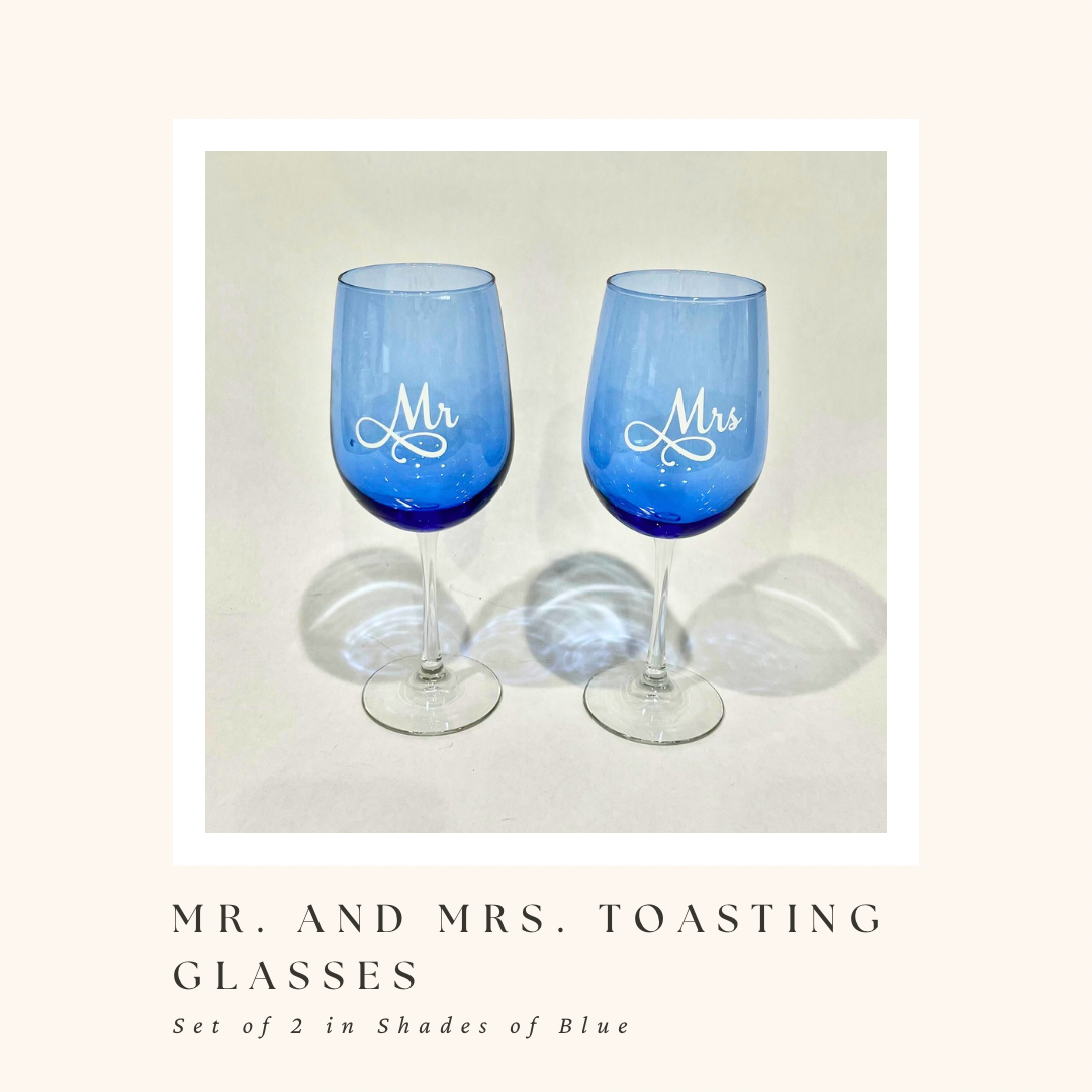 Mr. and Mrs. Toasting Glasses in Shades of Blue