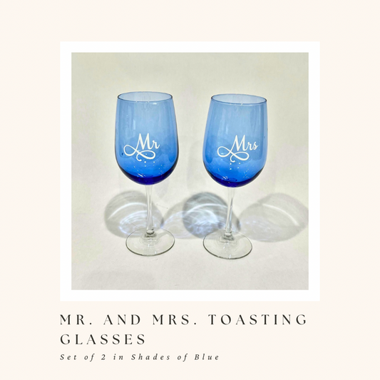 Mr. and Mrs. Toasting Glasses in Shades of Blue