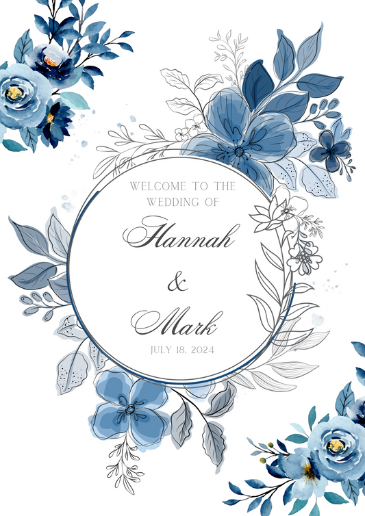 CUSTOM Shades of Blue Welcome to Our Wedding Sign with Bride & Groom's Names