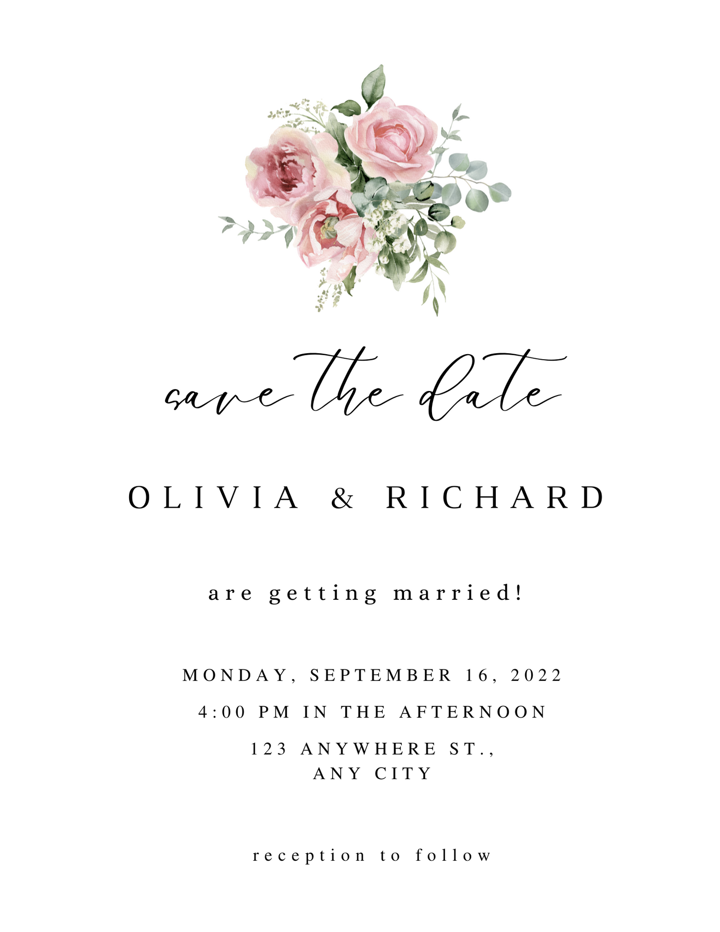 CUSTOM Save the Date Invitations in Watercolor Rose (Sets of 50)