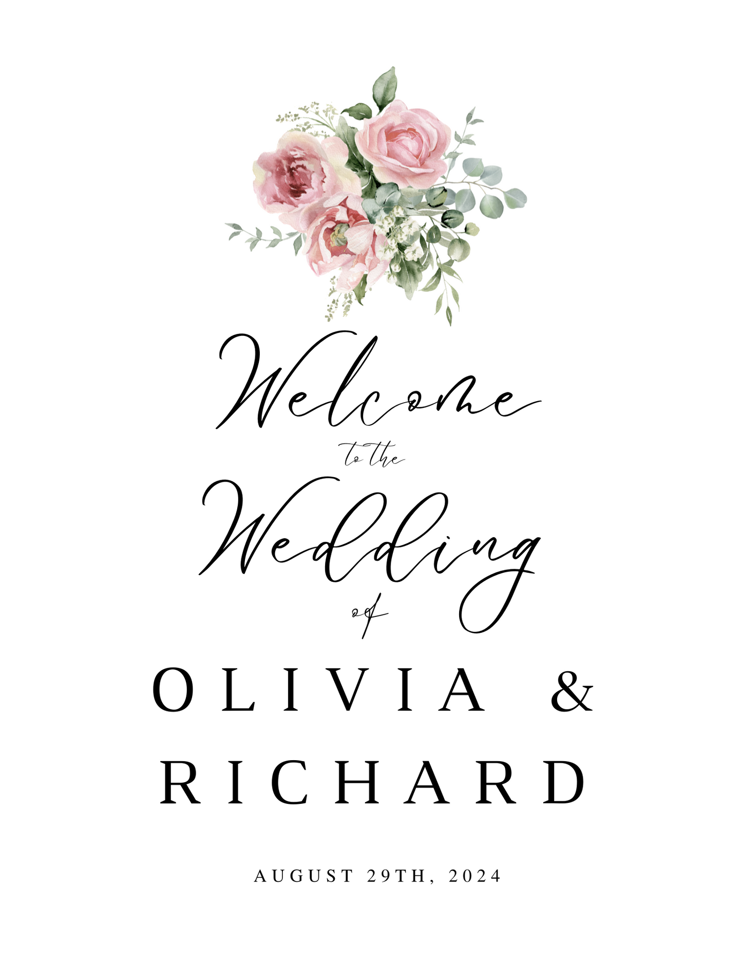 CUSTOM Watercolor Rose Welcome to Our Wedding Sign with Bride & Groom's Names