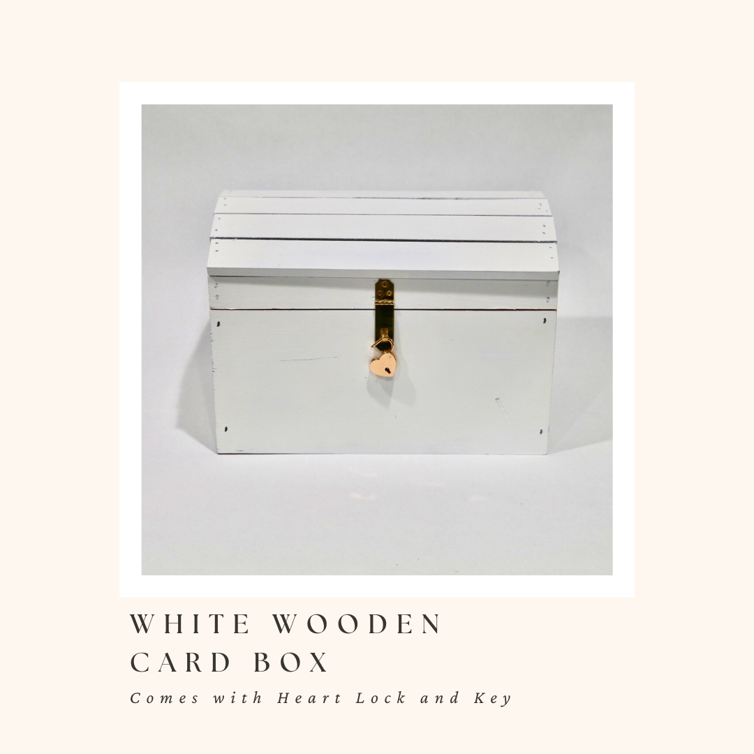 White Wooden Card Box with Heart Lock and Key